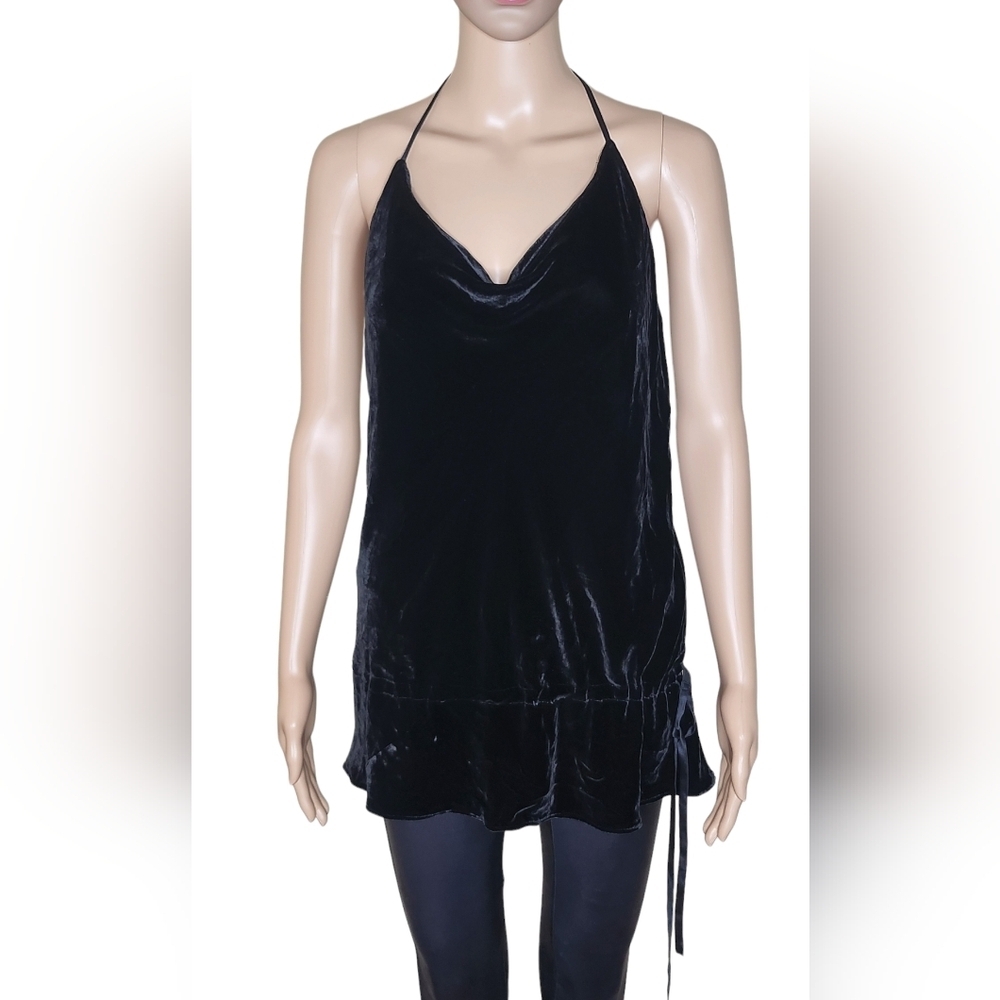 Vince women's black velvet halter draped neck side ruched y2k silk top Medium